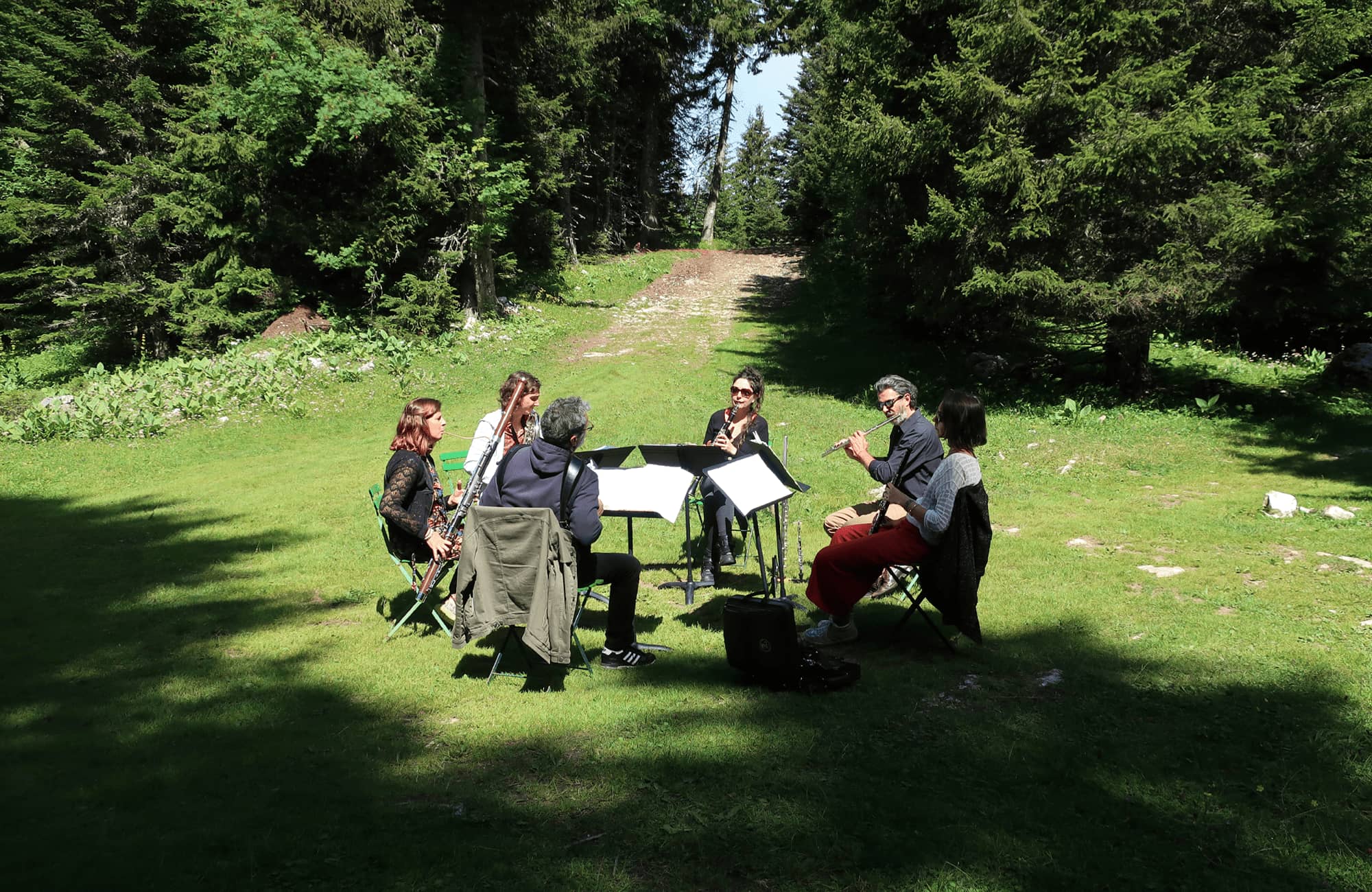 Ensemble de musiciens jouant dans un jardin