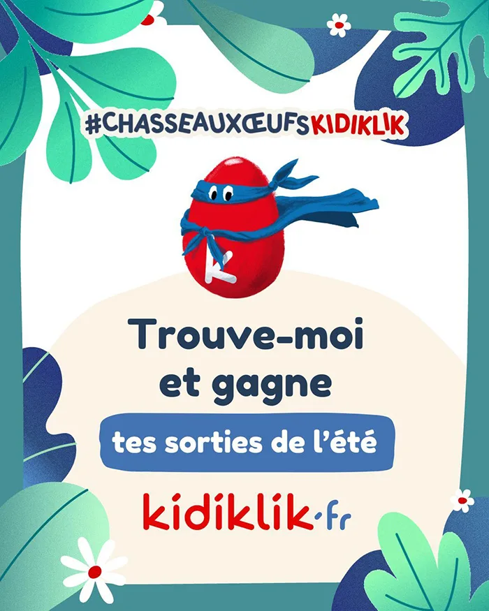 Illustration d'un personnage d'&oelig;uf rouge portant un bandeau bleu. Texte : #CHASSEAUXOEUFSKIDIKLIK, Rejoignez la chasse aux &oelig;ufs, trouvez-moi et gagnez.