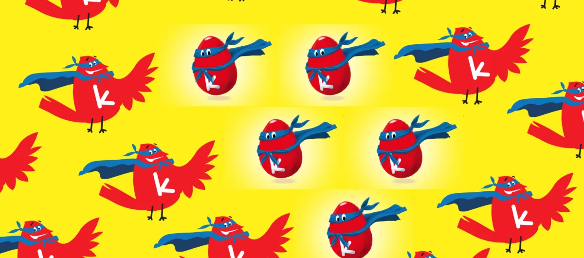 Un motif vibrant d'oiseaux et d'œufs de dessins animés rouges, chacun orné d'écharpes et de lunettes bleues, prend vie sur un fond jaune vif, parfait pour une aventure ludique de chasse aux œufs.